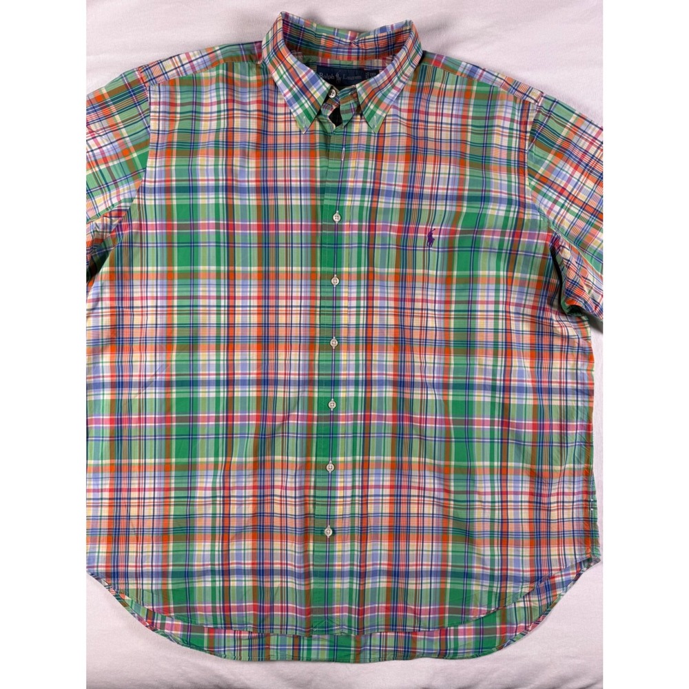 Ralph Lauren Mens 2XB Big Plaid Short Sleeve Button Down Shirt Green Multi Color